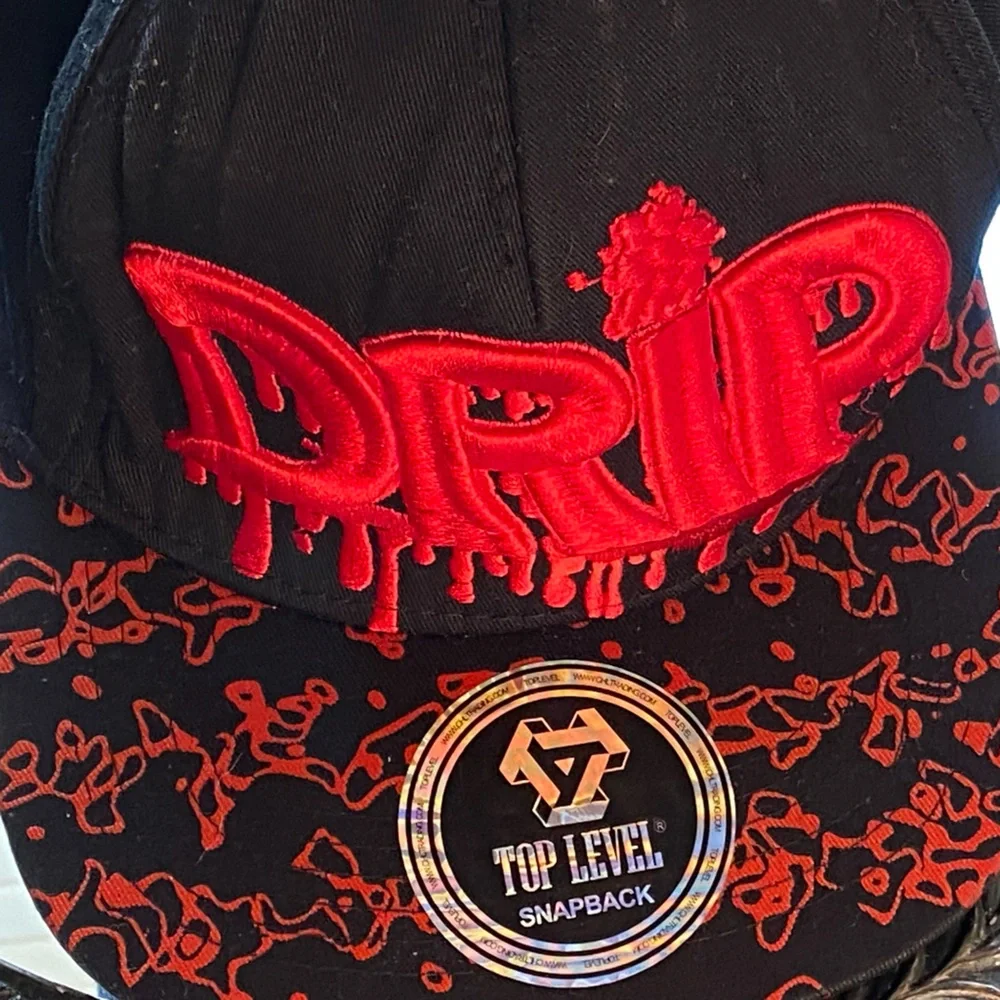 DRIP Embroidered Black and Red Snapback Hat - Top Level